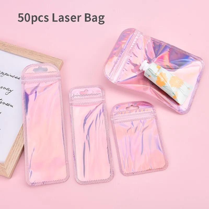 50pcs 4 Styles Laser Packaging Bag Flat Cosmetic Bag Holographic Mini Bags